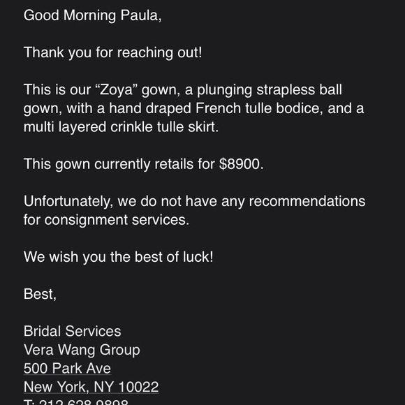 Vera Wang Zoya Gown - NEVER worn, NEVER altered
The most beautiful wedding dress - Picture 5 of 5